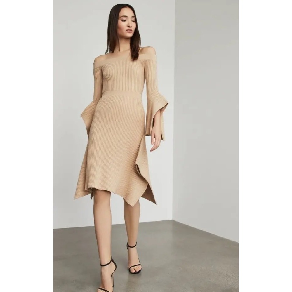 BCBGMaxAzria Knit Off Shoulder Top & Asymmetric Skirt Set Beige XS Minimalist‎